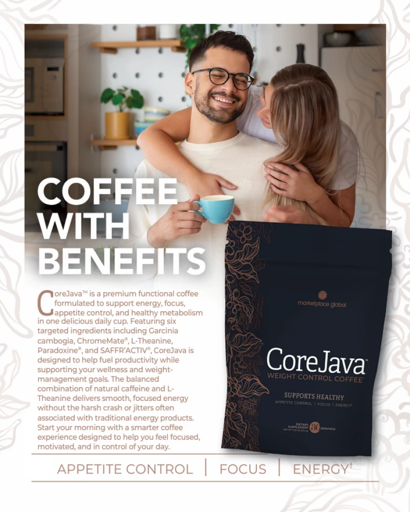 CoreJava 'Coffee with benefits' sheet: a couple sharing a morning coffee beside the CoreJava bag, with the appetite control, focus and energy benefit line