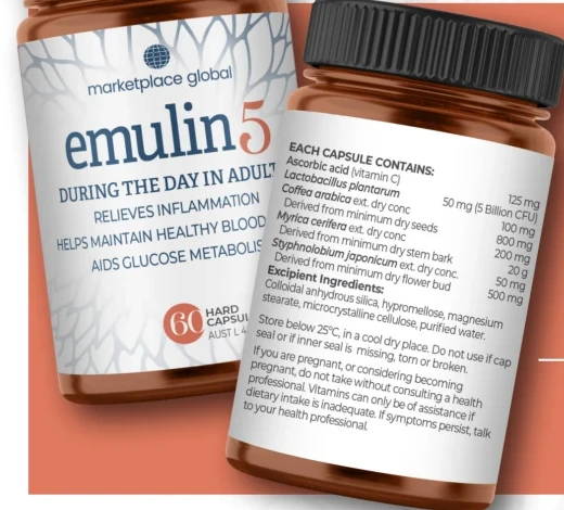Front and back of an Emulin 5 bottle, showing the ingredient panel
