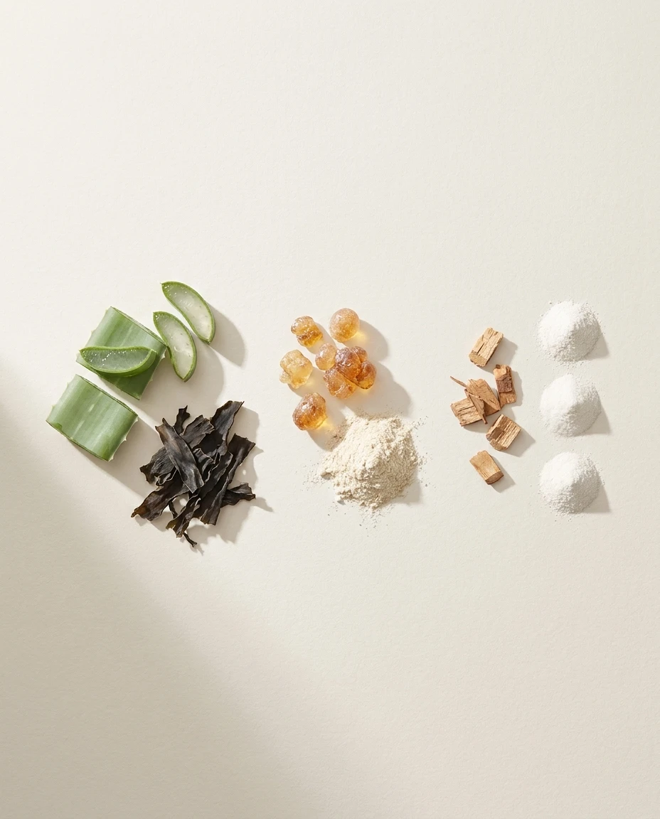 VeraCell ingredients laid out flat: aloe vera, seaweed and fibres